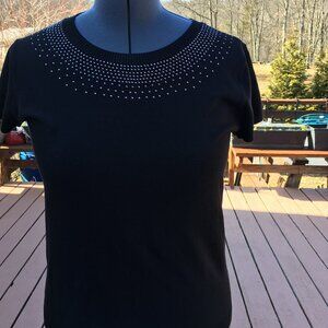 Black scoop neck, lite weight knit, with decorative neckline, cap sleeves, med
